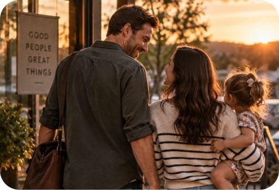 A family walking together at sunset